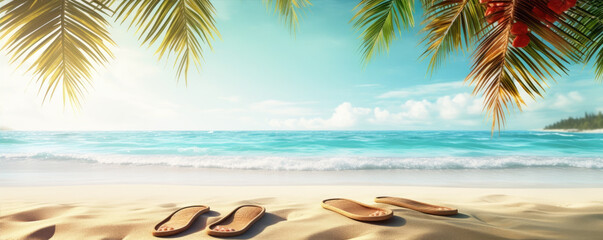 Fototapeta na wymiar Holiday concept with summer beach blue sky an green palms. Flip flops in sand .