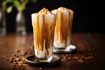 Rich caramel macchiato with sweet drizzle - ideal for coffee lovers. Generative AI