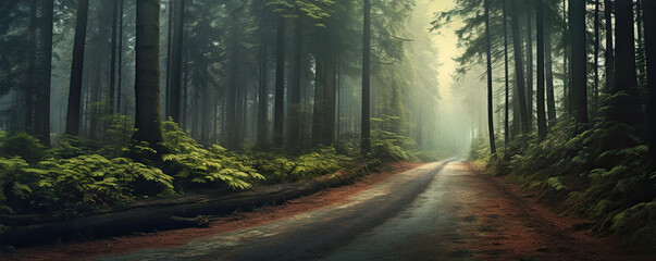 Dark path through misty forest against sunny light