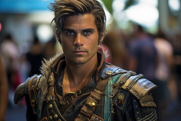 Fototapeta premium Young and strong handsome male warrior in medieval armor created with generative AI
