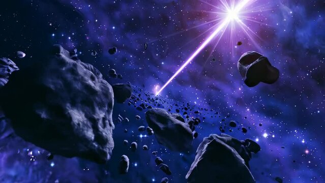 Numerous fragments floating in space with a central laser beam. Rocks and dust illuminated by the light of stars against the darkness.
