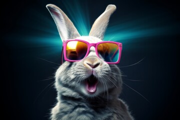 Naklejka premium Laughing Easter bunny with sunglasses on a dark background.