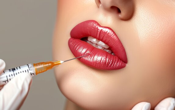 Lip augmentation, injection of hyaluronic acid with a syringe into the lip.