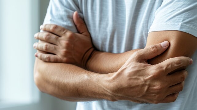 Man suffering from elbow pain. Joint problems and arthritis. Health and medical concept.