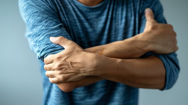 Man suffering from elbow pain. Joint problems and arthritis. Health and medical concept.