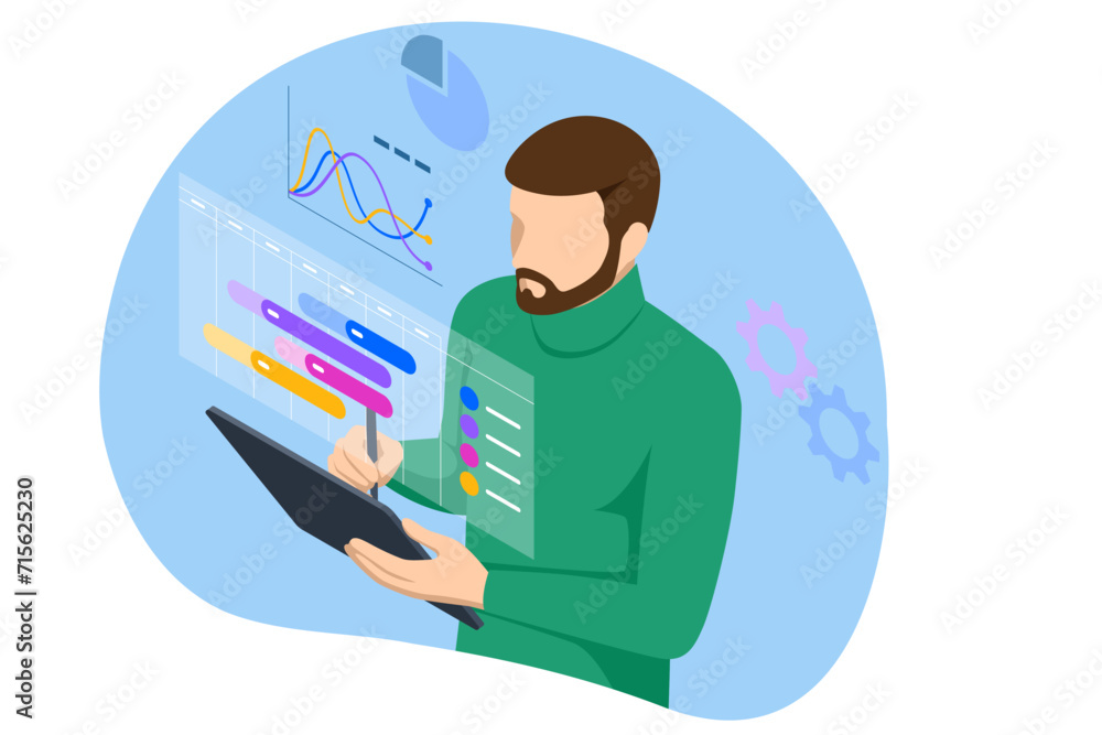 Poster isometric business project management system. schedule for plan tasks and progress. strategy for con
