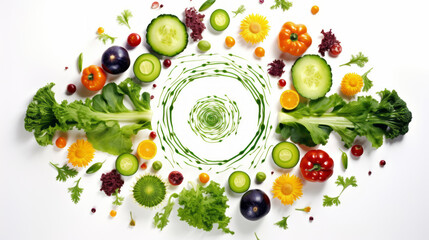 Vegetables pictures in style of kaleidoscope art on white background. Elegant art of vegetables. 