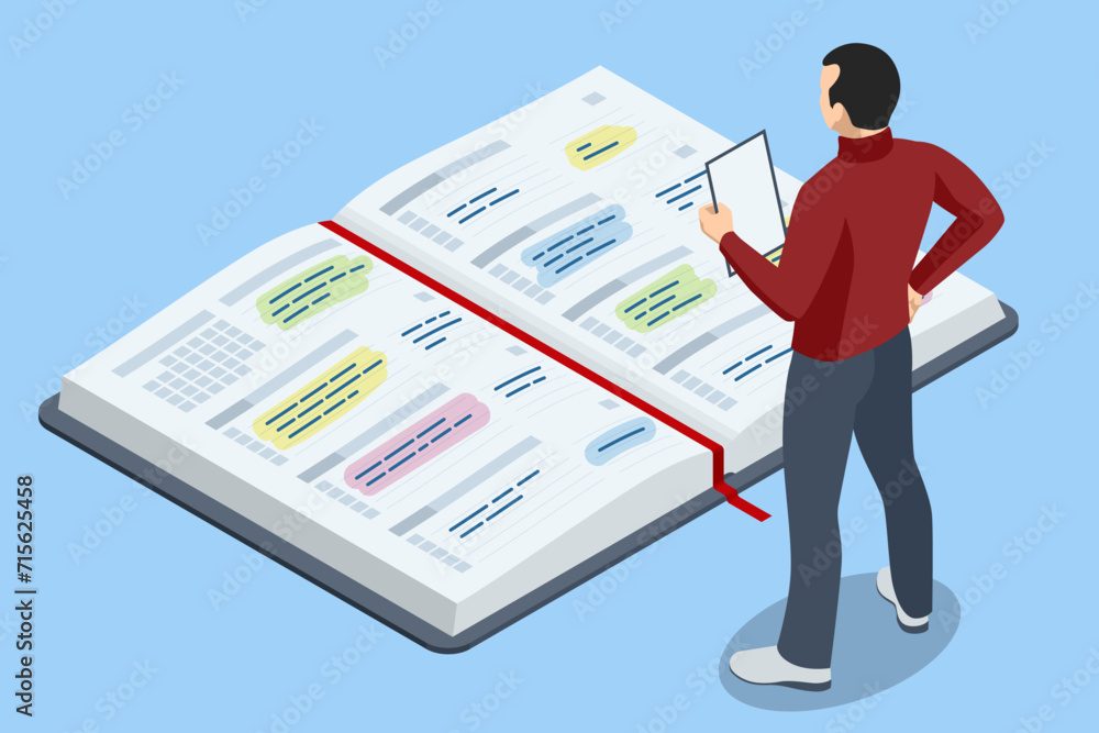 Poster isometric project manager updating tasks and milestones progress planning. digital calendar schedule