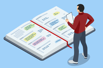 Isometric Project manager updating tasks and milestones progress planning. Digital Calendar Schedule. Schedule for plan tasks and progress. Successful business plan tasks.