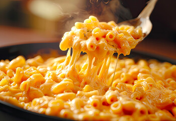 Closeup cheesy macaroni in a black bowl, mac n' cheese melting on a fork