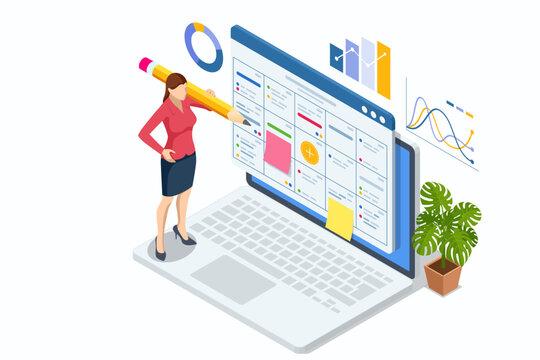 Isometric Project manager updating tasks and milestones progress planning. Digital Calendar Schedule. Schedule for plan tasks and progress. Successful business plan tasks.