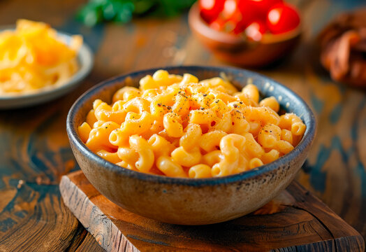 Bowl of mac n' cheese, on a wooden table, with cheese and tomato in the background