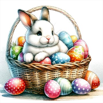 An illustration of an Easter Bunny in a basket filled with eggs, rendered in watercolor style.