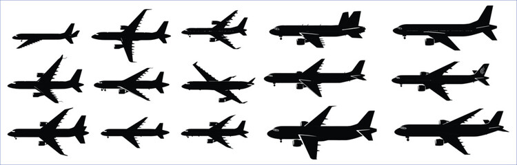 Set of black plane silhouette icon, Black airplane icon collection, Plane icon vector