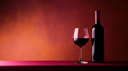 Bottle and glass of red wine on a red background. Copy space.