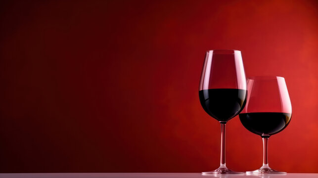 Bottle and glass of red wine on a red background. Copy space.