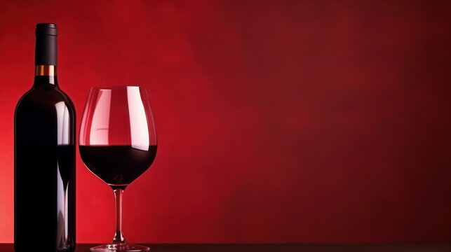 Bottle and glass of red wine on a red background. Copy space.