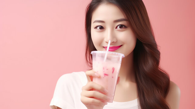 Cheerful asian woman drink ice cocoa with straw thirsty refreshment looking camera on pink background. Portrait excited girl holding ice beverage in cup plastic use straw drinking relax over isolated.