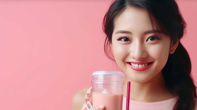 Cheerful asian woman drink ice cocoa with straw thirsty refreshment looking camera on pink background. Portrait excited girl holding ice beverage in cup plastic use straw drinking relax over isolated.