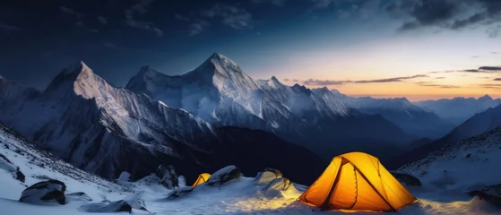 Fotobehang Panorama of Steep peak mountains with covered snow and yellow tent camping at twilight time. © Santy Hong