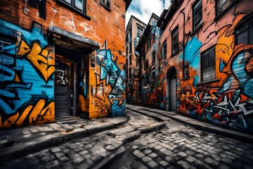 a standard urban scene into an urban style with graffiti tags on building walls involves adding vibrant street art elements. Let's imagine a cityscape with a touch of urban flair  