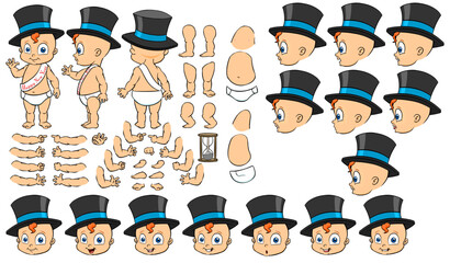 Set with a cute baby boy in a diaper and hat. boy with different emotions, gestures and poses, All sides, Arms, legs and other body parts construction. Colour vector illustration set.