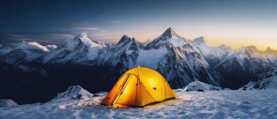Panorama of Steep peak mountains with covered snow and yellow tent camping at twilight time.