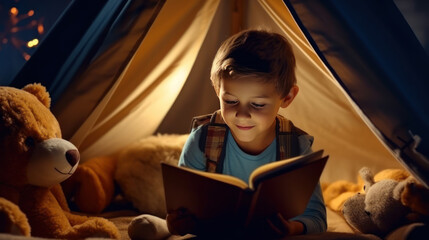 A boy is sitting in a tepee tent at night with a light, books.