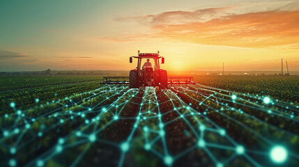Tractor is working in the agricultural field that is filled by AI technology lights - obrazy, fototapety, plakaty