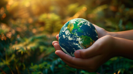 Planet globe in woman hands. Conception of Earth day poster