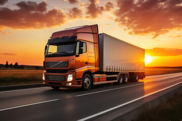 A large orange truck with a white trailer without inscriptions on the highway in the rays of sunset and dawn. Transportation of goods by road. Generated by artificial intelligence