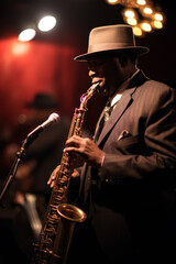 Fototapeta premium Jazz musician playing saxophone on stage in spotlight