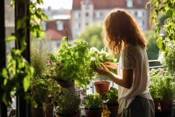 Woman caring for balcony herb garden in the morning light - obrazy, fototapety, plakaty