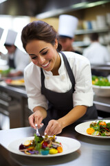 Hispanic chef garnishing dish in a busy professional kitchen