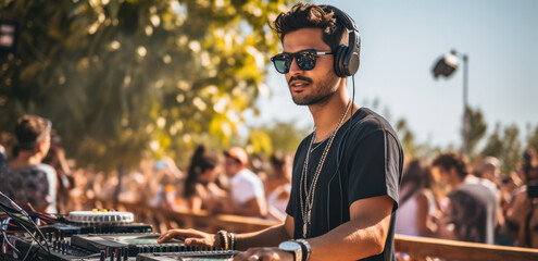 Young Middle-Eastern DJ mixing tracks at outdoor party - obrazy, fototapety, plakaty