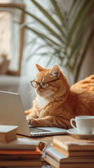 Smart ginger cat in glasses sitting at a desk working on a laptop. Perfect for fun and lighthearted Instagram stories