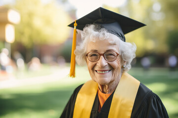 Smiling elderly graduate in yellow stole outdoors