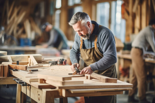 Middle-aged man skillfully crafting in sunny woodshop