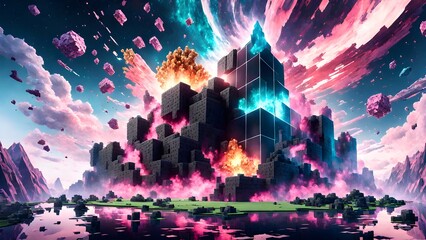 Exploding Minecraft colorful cubes. Minecraft game earth cube voxel surface castle. Minecraft textures and cubes. Explosive cubes. Minecraft world. Generative AI - obrazy, fototapety, plakaty