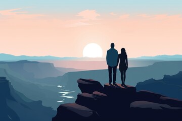 couple stand on cliff on mountain view illustration