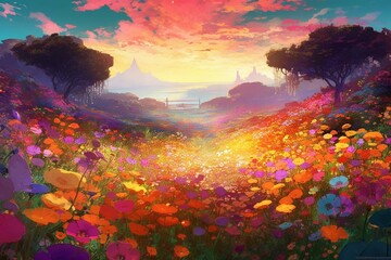 Stunning magical field bursting with vibrant spring flowers, anime-inspired colors, digitally painted background. Generative AI