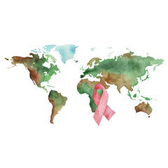 Watercolour illustration of waving ribbon and world map. Hand drawn watercolor painting on white backdrop, isolated element for design.World cancer day.
