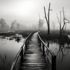 Wooden boardwalk in a foggy swamp. Black and white. - obrazy, fototapety, plakaty