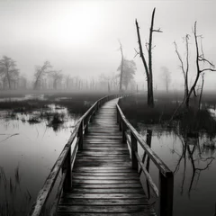 Poster Wooden boardwalk in a foggy swamp. Black and white. © Ula