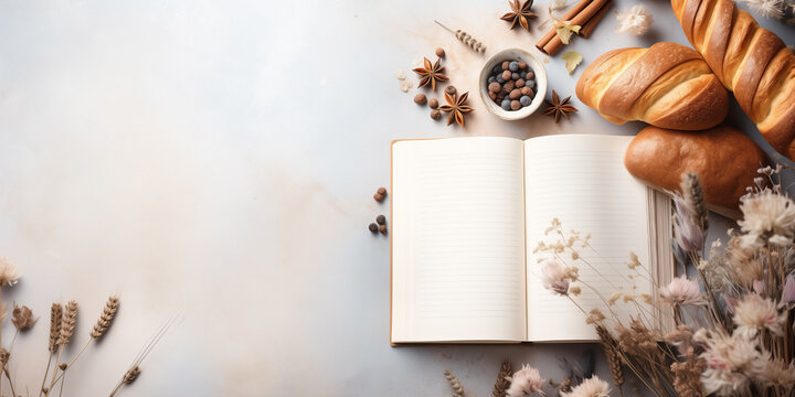 Bakery style border design with an open recipe book placed in the center with blank pages to place text. Natural, fresh and baked ingredients with copy space.