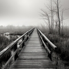 Wooden walkway in a marsh, black and white image.