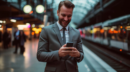 Young happy Caucasian business man wearing a style grey suit holding mobile phone standing in city subway using smartphone for texting, checking apps for public transport, metro or travel guide on - obrazy, fototapety, plakaty