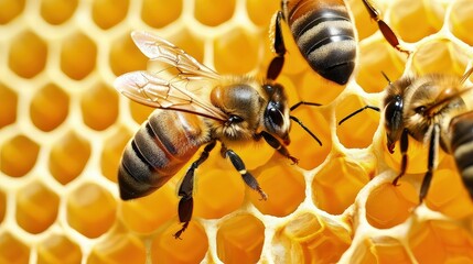 Bees buzzing around honey cells, a harmonious dance of productivity.