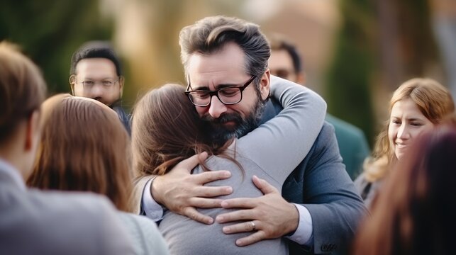 Positive people hug giving support to friends during group therapy meeting in studio