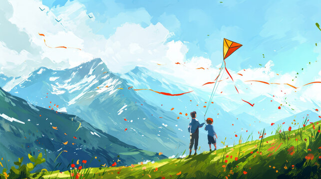 Relaxing hand drawn PC wallpaper design. Cute family are flying kites on green alpine mountains